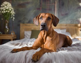 Dog, Rhodesian Ridgeback lying on a bed in the bedroom, AI generated, AI generated