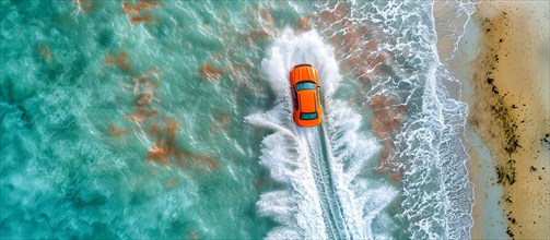 Aerial drone view of an SUV driving on the beach, waves crashing nearby, ai generated, AI generated
