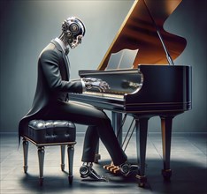 A humanoid robot sits at a grand piano in a concert hall and plays classical music, symbolic image