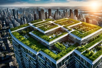 Conceptual futuristic sustainable city replete with green rooftops, AI generated