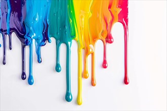 Thick acrylic or oil paint colors dripping from white wall. KI generiert, generiert, AI generated