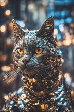A tinsel-clad cat with yellow eyes poses with a blurred golden background, ray tracing 3d