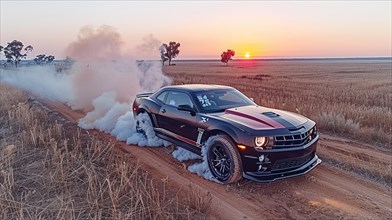 A black Camaro making a cloud of dust while driving through a field at sunset, action sports