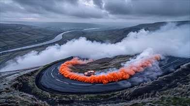 A car drifting around a curve with orange smoke on a moorland road, action sports photography, AI