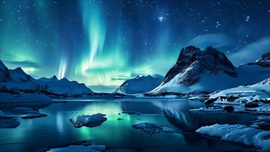 Northern lights reflecting on a serene fjords ice astral glow doubled in the glassy water, AI