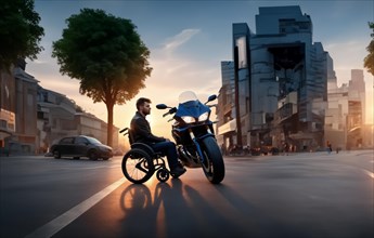 Concept of a wheelchair motorcyclist wearing a helmet. Injuries and deaths among motorcyclists, AI