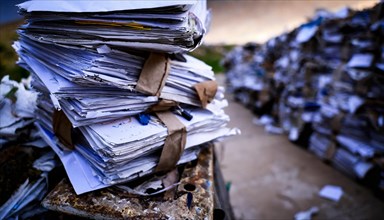 Piles of sorted papers ready for recycling on an industrial site, symbol bureaucracy, AI generated,