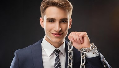 Smiling man in suit with chains on his hand represents a symbolic liberation from shackles, symbol