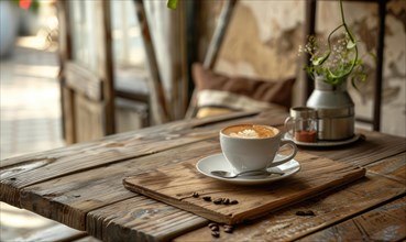 Artfully presented coffee cup with saucer on a wooden table with rustic decor AI generated