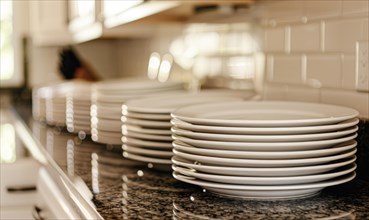 A neat stack of white plates on a kitchen countertop bathed in soft light AI generated