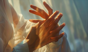 Delicate hands touched by soft translucent light, fingers gently meeting AI generated