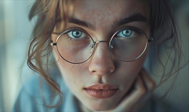 Intense gaze of a young woman with glasses and striking blue eyes in a detailed portrait AI