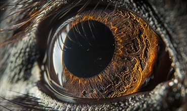 Macro shot of an animal's eye with blue hue surrounded by eyelashes. AI generatedSharp detailed