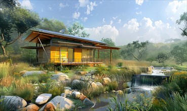 Wooden cabin with solar panels next to a babbling creek surrounded by lush vegetation AI generated