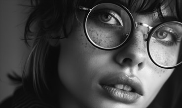 Intense close-up of a woman in glasses, featuring detailed freckles in black and white AI generated
