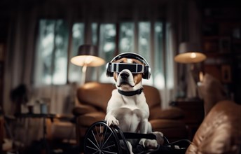 Dog in a wheelchair, pet rehabilitation in technological virtual reality glasses, blind dog, AI