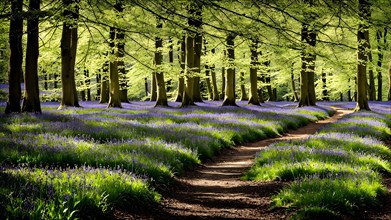 Forest path winding through a thick carpet of bluebells, AI generated