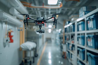 A high-tech drone equipped with a camera navigating inside a storage facility, AI generated