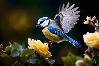 Blue tit bird dynamic takeoff from a blooming garden expressing summer wildlife, AI generated