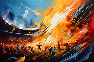 Abstract oil painting hinting at a football match, AI generated