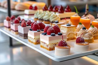 Assorted colorful desserts on display at a patisserie, AI generated