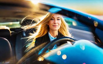 Blonde young woman driving open-top in blue convertible with waving hair, AI generated, AI
