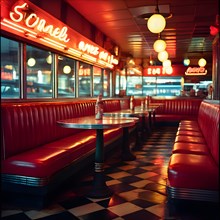 90s themed diner interior checkered flooring gleams under the glow of retro neon lights, AI