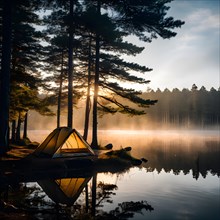 Misty morning tent overlooking serene lake with pine tree silhouettes, AI generated