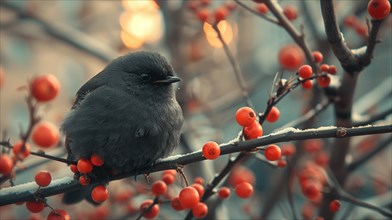 Small bird perched on a branch among berries, in a muted color setting, AI generated