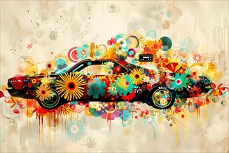 Vibrant abstract graffiti art on a car silhouette with colorful floral designs and splatter