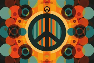 Abstract design with a prominent peace symbol amid warm, retro-styled circular patterns,