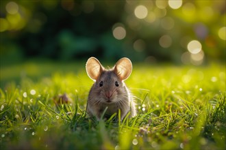 Cute mouse with large ears, exploring the vibrant green grass on a sunny day, AI generated
