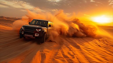 An SUV racing across sand dunes in the desert with dust clouds at dusk, AI generated