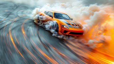 Orange sports car in motion with fire and smoke trailing behind, lots of smoke, dynamic scene, AI