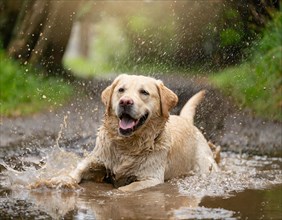 Labrador dog rolls happily in a puddle of dirty rainwater, AI generated, AI generated