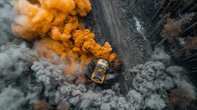 Overhead drone aerial shot of an SUV emitting a large cloud of orange and grey burnt smoke on a