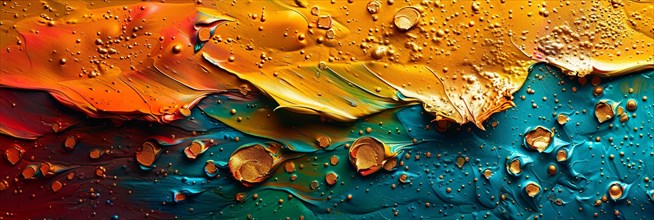Vibrant abstract art with red, orange, and blue hues and glossy water droplets, banner 3:1 wide