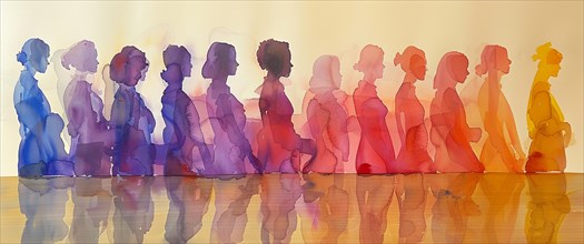 Silhouettes of women walking, showing a color gradient transition from red to purple with