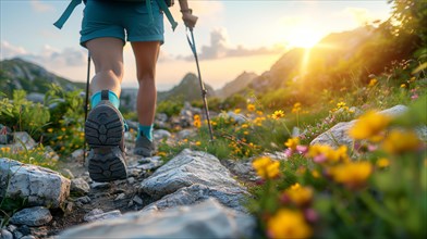Hiker navigating a rocky trail with the warm light of the setting sun caressing the landscape, AI