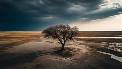 Lone tree standing in a ast dried up lake bed under a cloudy ominous sky, AI generated