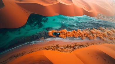 SUV speeding along the meeting point of desert dunes and turquoise sea, action sports photography,