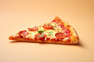 Slice of pizza with salami on yellow background. KI generiert, generiert, AI generated