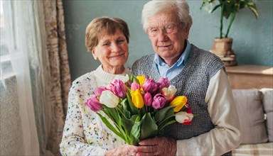 A smiling elderly couple with a bouquet of colourful tulips stands in a cosy room, AI generated, AI
