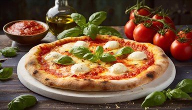 Food, Pizza Margherita with tomatoes, mozzarella and basil, AI generated, AI generated