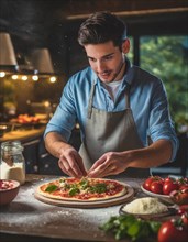 Artisan pizza maker making a rustic pizza, ingredients, kitchen, AI generated, AI generated
