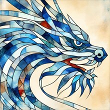A blue abstract stained glass style artwork of a dragon, square aspect, AI generated
