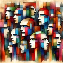 Colorful pattern of abstract geometric cubist faces, square aspect, AI generated