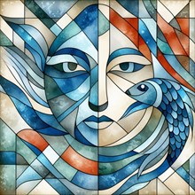 Intricate abstract of a fish and woman's face with geometric watercolor patterns, square aspect, AI