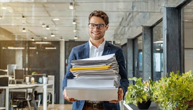 Happy man in an office carrying a stack of documents and smiling, symbol bureaucracy, AI generated,