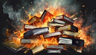 Burning books in an illustration, the fire glows brightly and conveys heat, symbol bureaucracy, AI